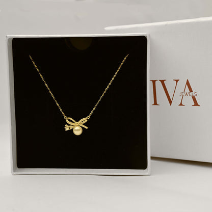 Grace Pearl Bow Necklace - Gold Plated
