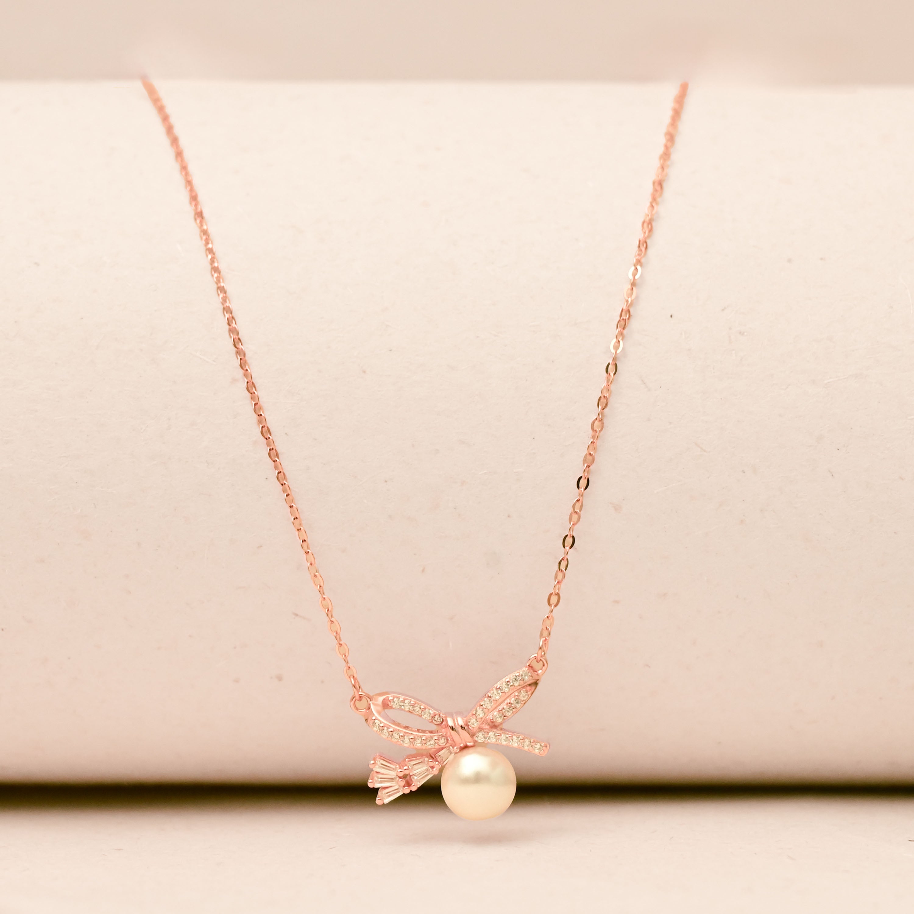Grace Pearl Bow Necklace- Rose Gold Plated