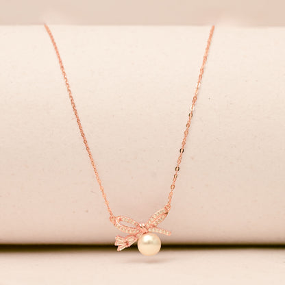 Grace Pearl Bow Necklace- Rose Gold Plated