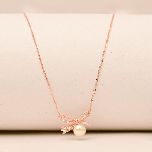 Grace Pearl Bow Necklace- Rose Gold Plated