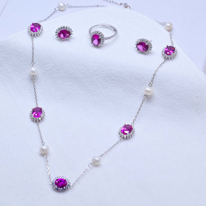 Royal Pearl Necklace With Earrings & Ring - Pink
