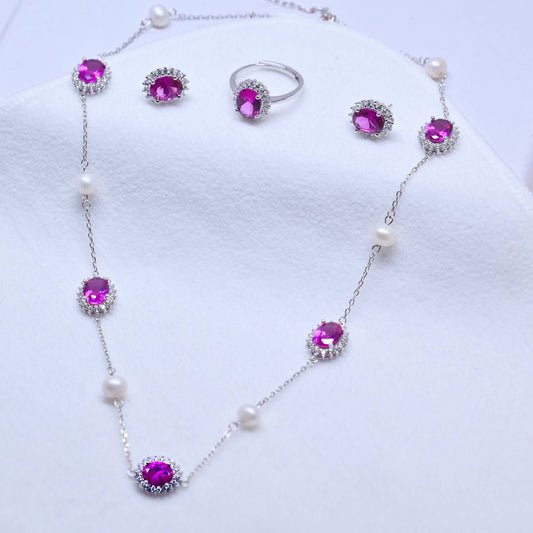 Royal Pearl Necklace With Earrings & Ring - Pink