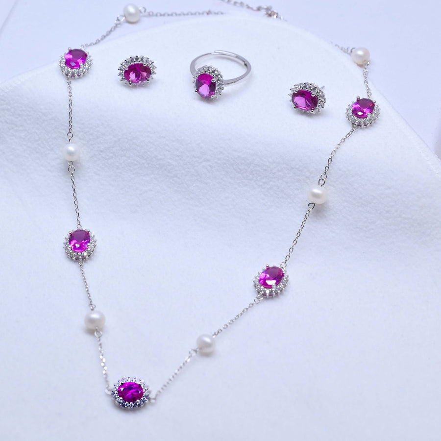 Royal Pearl Necklace With Earrings & Ring - Pink