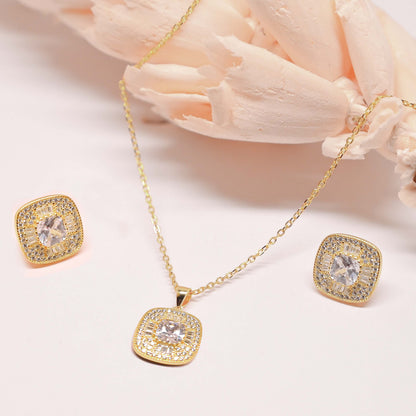 Brilliance Square Set Pendant With Earrings - Gold Plated