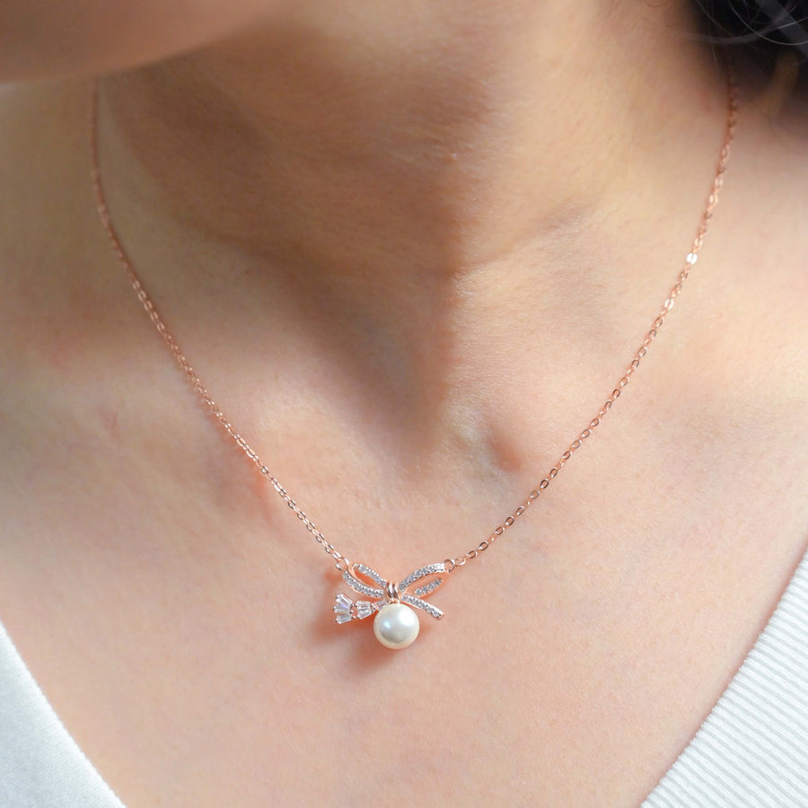 Grace Pearl Bow Necklace- Rose Gold Plated