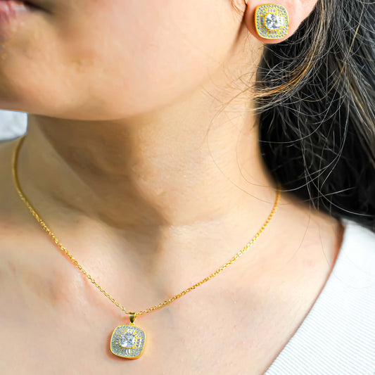 Brilliance Square Set Pendant With Earrings - Gold Plated