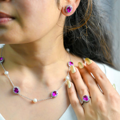 Royal Pearl Necklace With Earrings & Ring - Pink