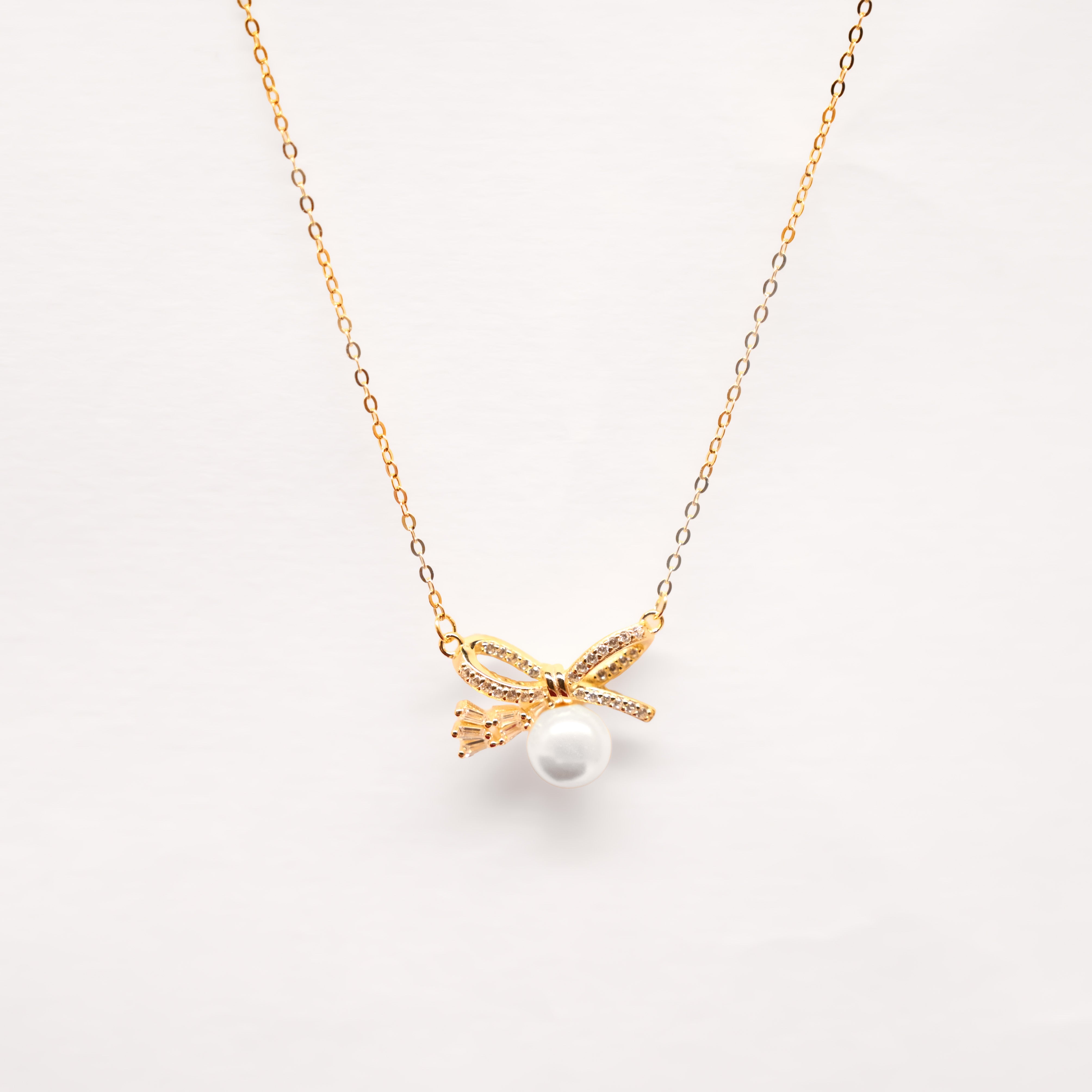Grace Pearl Bow Necklace - Gold Plated
