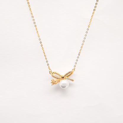 Grace Pearl Bow Necklace - Gold Plated