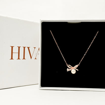 Grace Pearl Bow Necklace- Rose Gold Plated