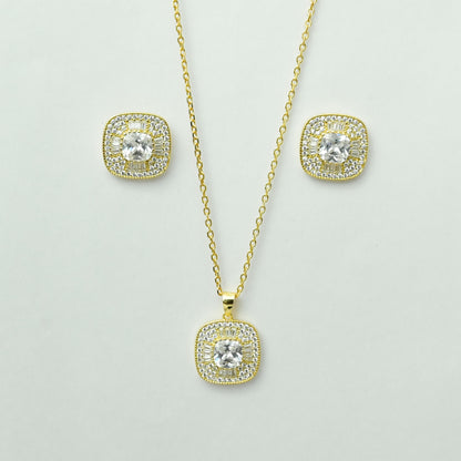 Brilliance Square Set Pendant With Earrings - Gold Plated