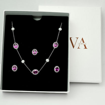 Royal Pearl Necklace With Earrings & Ring - Pink