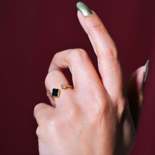 Black Petal Glow Ring - Gold Plated